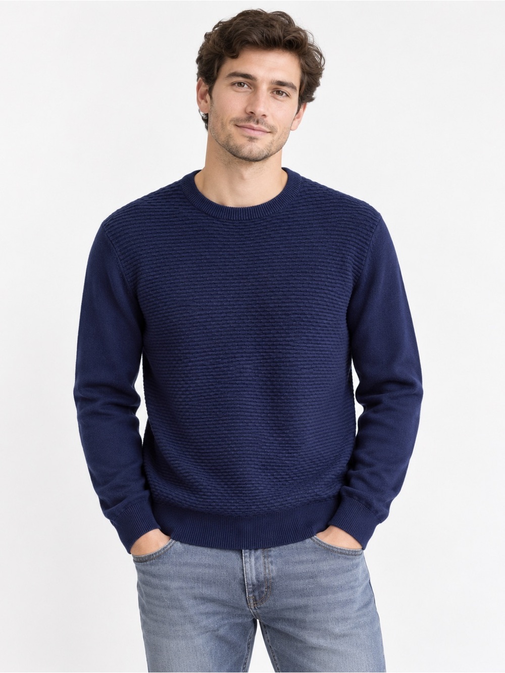 Tiffosi Men’s Sweater Size L Navy Blue Textured Knit Crew Neck Pullover